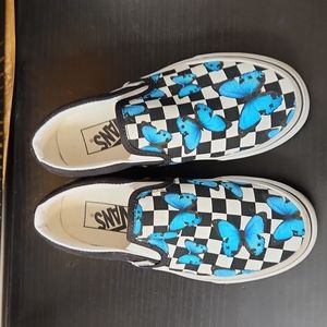 🦋 Vans Canvas with black & white checkerboard pattern and blue butterflies